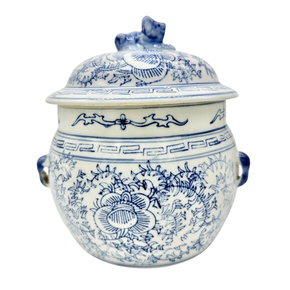 Vintage Ceramic Lidded Jar Blue White Floral Design and Animal Figurine Topper - Picture 7 of 9